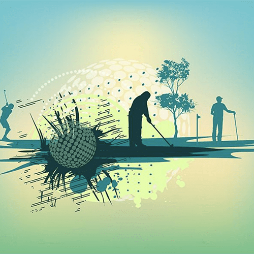 Abstract art depicts silhouettes of three golfers in various poses on a green background with a large stylized golf ball at the center. One golfer is swinging, another is putting, and the third is leaning on a club. Trees and abstract marks complement the scene.