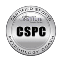 A round silver badge with the text “CERTIFIED SPORTS PSYCHOLOGY COACH” around the outer edge and “CSPC” in large black letters in the center. The top inner circle has "Spencer INSTITUTE Bridging the Gap" in smaller text.