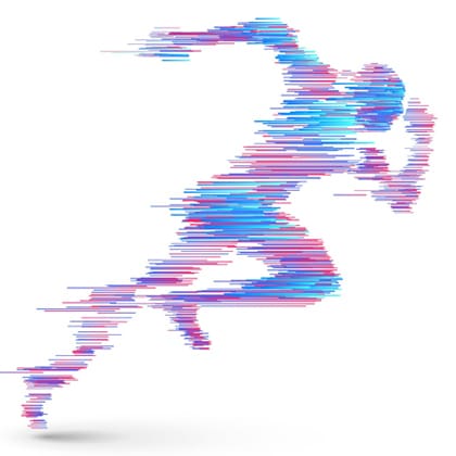 A stylized silhouette of a running person made up of horizontal lines in shades of blue, purple, and pink, set against a white background. The lines give a dynamic sense of motion and speed.