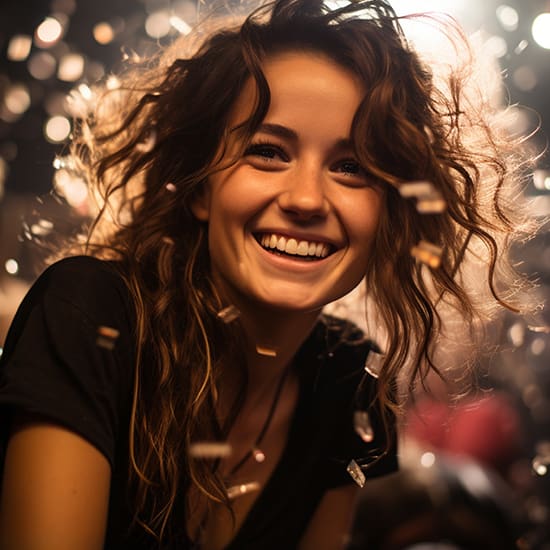 A young woman with wavy hair smiles brightly under party lights. Sparkling confetti falls around her, creating a festive atmosphere. She is wearing a black top and appears joyful and carefree.
