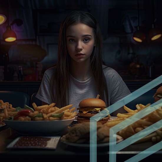 A young girl with long hair sits at a dimly lit table in a restaurant, surrounded by plates of food including burgers, fries, and a salad. She wears a white shirt and looks directly at the camera with a neutral expression. Modern lighting fixtures are visible in the background.