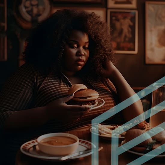 A woman with curly hair sits in a dimly lit restaurant, holding a hamburger in one hand and resting her other hand on her head. On the table in front of her, there is a bowl of soup, a plate of fries, and another burger. Various framed pictures are on the wall behind her.