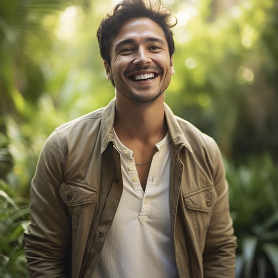 A young man with dark hair and a beard smiles broadly while standing outdoors. He is wearing a beige jacket over a white shirt. The background is filled with lush, green foliage, giving the scene a natural, sunny ambiance.