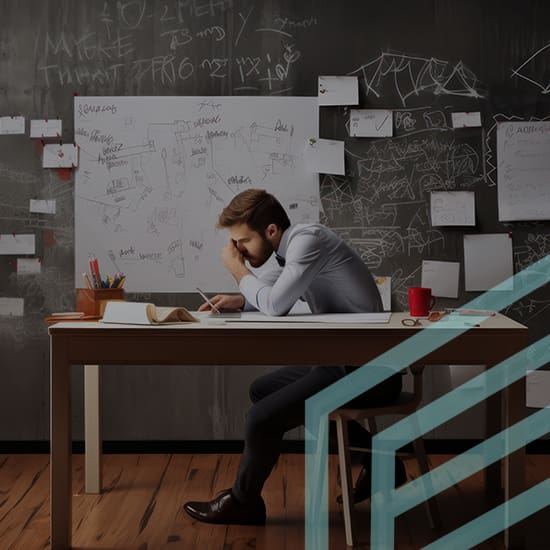 A man sits at a desk heavily concentrating on his work, surrounded by whiteboards and sticky notes filled with scribbles and diagrams. The environment is a modern workspace, with a chalkboard wall covered in notes and sketches, suggesting a brainstorming session.