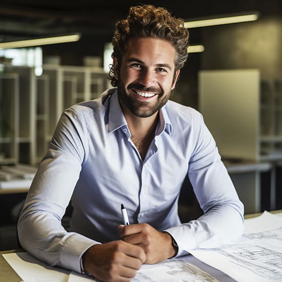 A smiling man with curly hair and a beard, wearing a light blue button-up shirt, holding a pen and sitting at a desk with architectural blueprints in a modern office setting. The background shows office partitions and ambient lighting.