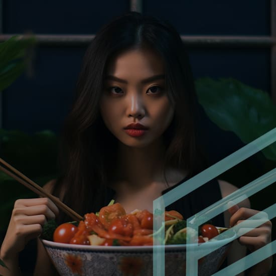A woman with long dark hair holds a bowl of salad with chopsticks, gazing intently at the camera. The background is dark, with some green leaves visible, adding a natural element to the setting. The image has a modern and slightly dramatic ambiance.