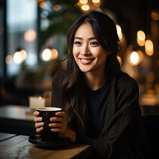A young woman with long, dark hair is sitting in a cozy café, holding a black coffee cup. She is smiling warmly, and the background features soft, warm lighting with blurred bokeh lights and an inviting ambiance.