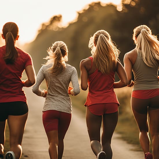 Four women are jogging on a paved path surrounded by nature. The sun is setting, casting a warm glow on the scene. They are wearing athletic clothing, including shorts, leggings, and tank tops. Their hair is mostly in ponytails, and they appear to be enjoying their run.