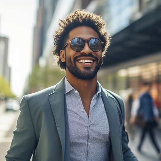 A man with curly hair and a beard smiles while wearing sunglasses, a light-colored shirt, and a blazer. He is walking down a sunny city street with buildings and people in the background.