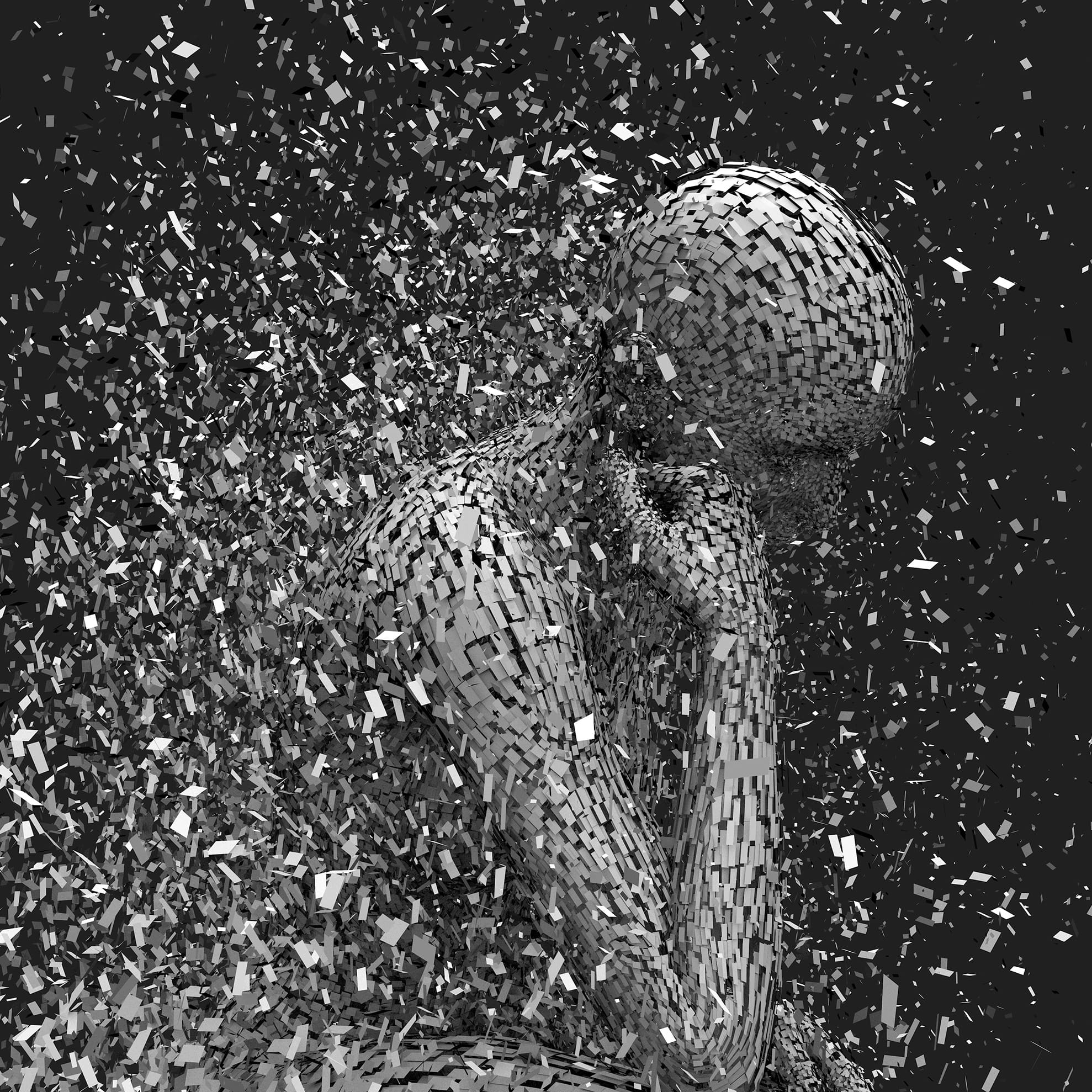 A digital art depiction of a human figure in a thinking pose, composed of numerous small, metallic-looking square fragments. The figure appears to be disintegrating or forming, with fragments dispersing into the dark background.