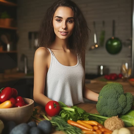 A woman in a white tank top stands in a kitchen surrounded by various fresh vegetables, including broccoli, tomatoes, carrots, bell peppers, and leafy greens. She is smiling and appears to be preparing a meal. The kitchen has a modern design with a cozy atmosphere.