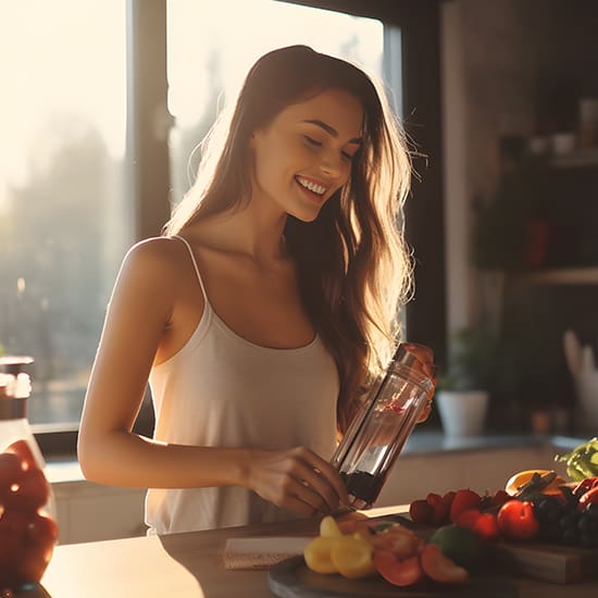 A smiling woman with long hair stands in a sunlit kitchen, wearing a white tank top, holding a clear water bottle. Fresh fruits and vegetables, including peppers, are spread on the counter in front of her. Sunlight streams through the window in the background.