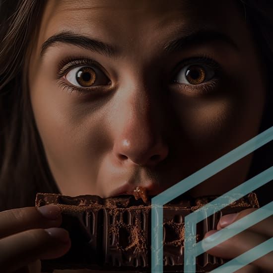 A person with wide eyes holds a chocolate bar close to their mouth. The image is dimly lit, highlighting the person's facial expression and the chocolate. Light blue geometric lines are partially visible in the foreground.