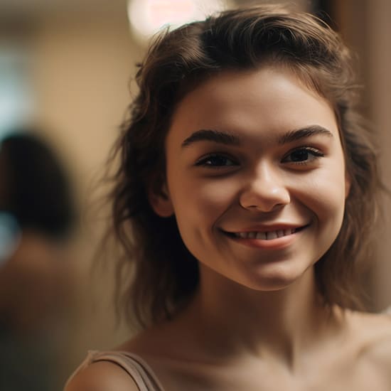 A young woman with wavy brown hair smiles warmly at the camera. She is indoors, and the background is softly blurred, emphasizing her face. She has expressive eyes and dimples on her cheeks. The lighting is soft, adding a cozy feel to the scene.