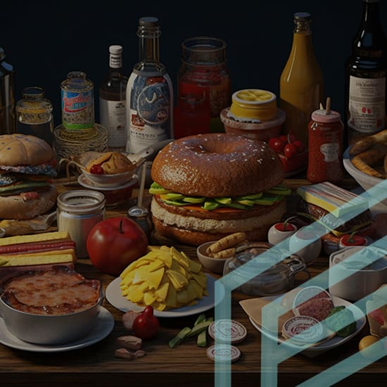An assortment of various foods including a large sandwich with a bagel bun, burgers, fruits, cheese, nuts, condiments, sauces, a casserole, drinks in bottles, and a cup of coffee all arranged on a wooden table. There is a subtle geometric overlay on the right side.