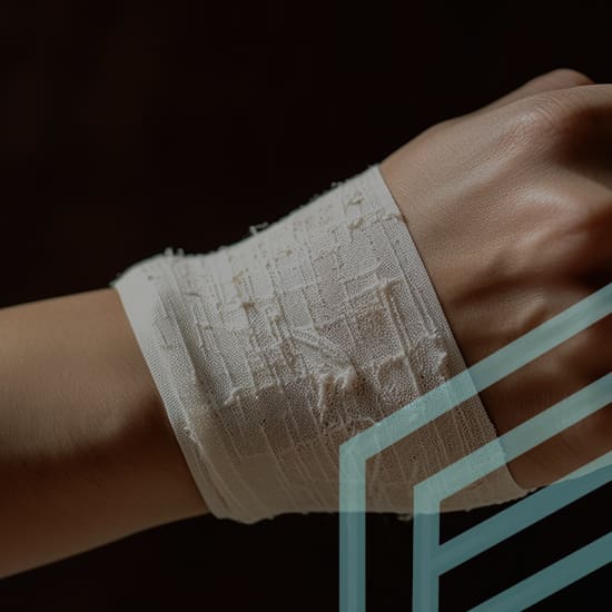 A close-up image of a person's wrist wrapped in a white bandage, likely due to an injury. The background is dark, and light blue geometric lines overlay the bottom right corner of the image.