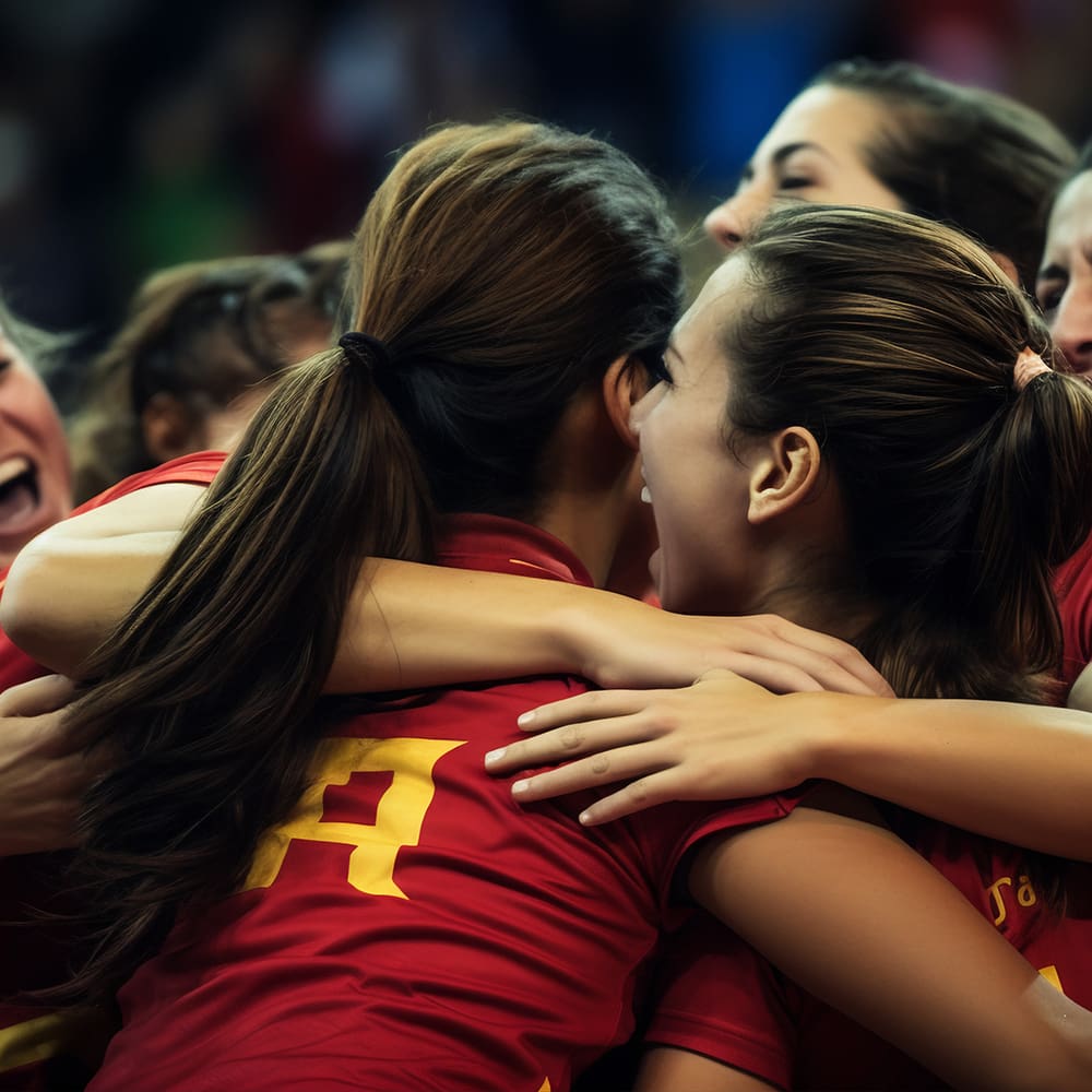 A group of women in red sports jerseys celebrate together. They are tightly hugging and smiling, showing excitement and joy. Their hair is tied back, and they are facing away from the camera, making individual faces indistinguishable.