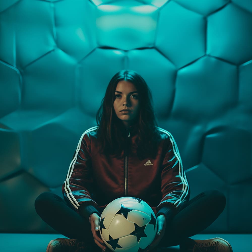 A young woman with long dark hair sits cross-legged on the floor, holding a soccer ball. She wears a red Adidas jacket with white stripes. The background features a teal, hexagonal padded wall, giving a modern, abstract look to the scene.