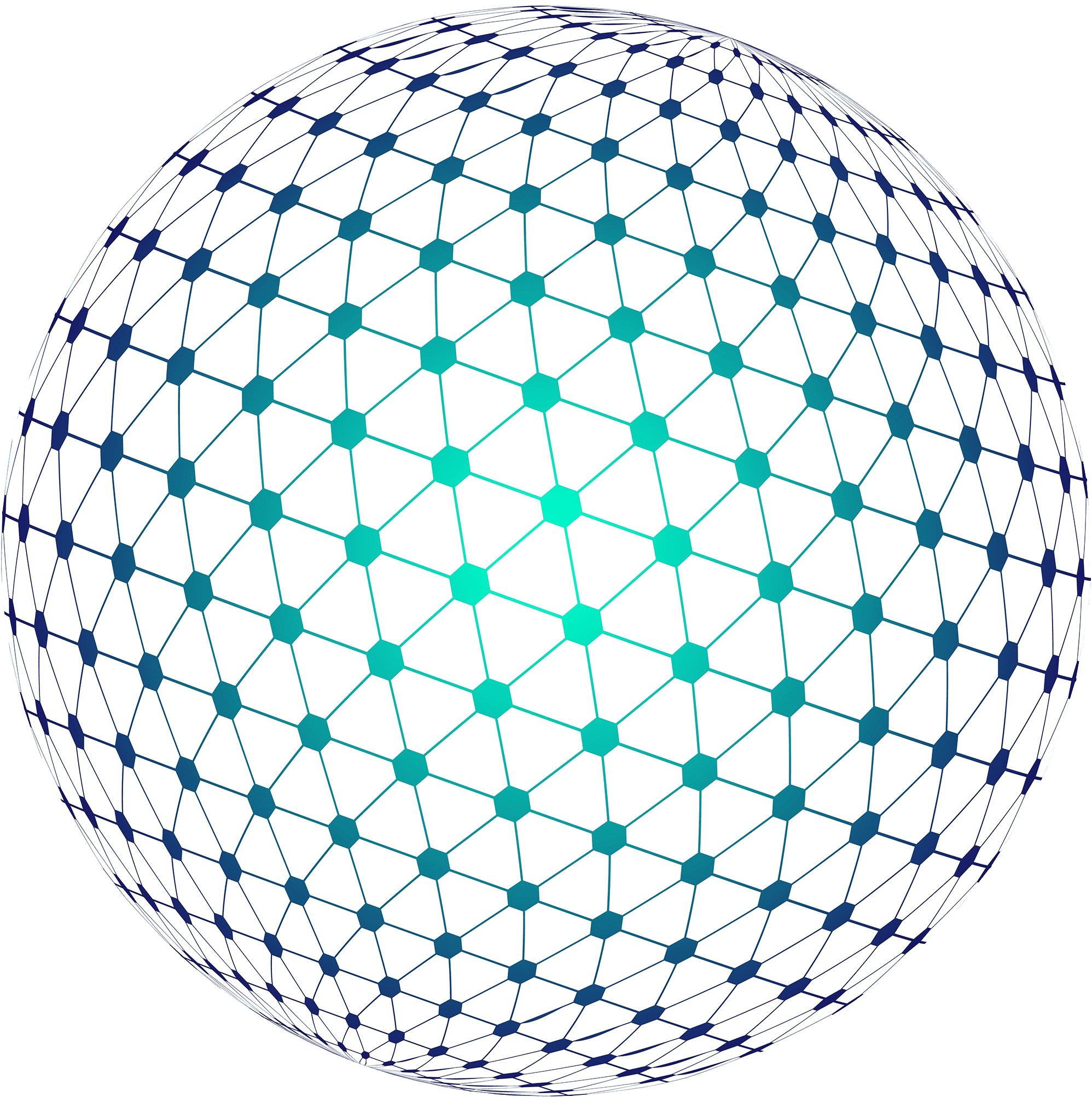 A 3D spherical mesh structure composed of interconnected hexagonal and pentagonal patterns, featuring a gradient that transitions from dark blue on the outer edges to bright turquoise in the center. The white background enhances the geometric design.