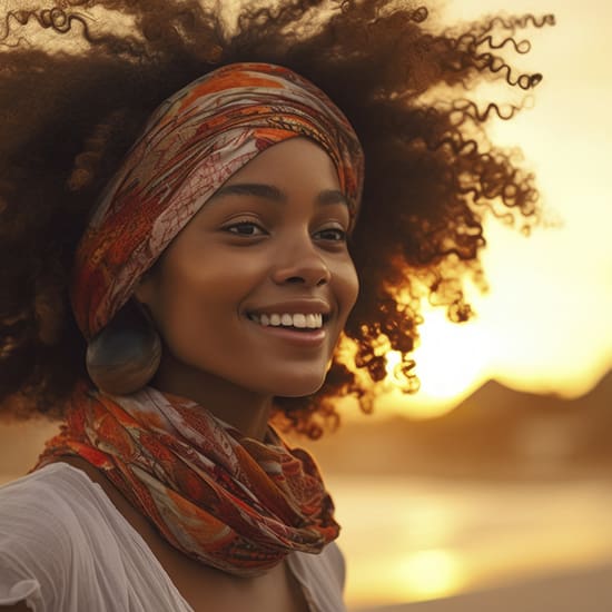 A woman with a vibrant, curly afro smiles warmly at the camera. She is wearing a colorful head wrap and matching scarf with earthy tones. The background features a serene sunset on a beach, casting a golden glow and softening the scene.