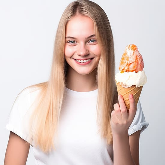 A smiling woman with long blonde hair wearing a white t-shirt holds a large ice cream cone with scoops of white and orange ice cream. She stands against a plain light background.
