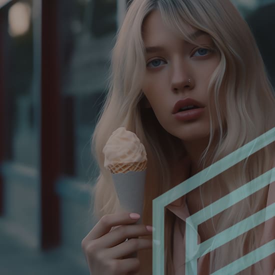 A young woman with long blonde hair holds an ice cream cone close to her face. She is standing outdoors, with a blurred urban background. Diagonal, semi-transparent geometric lines overlay part of the image. Her expression is neutral, and she gazes directly at the camera.