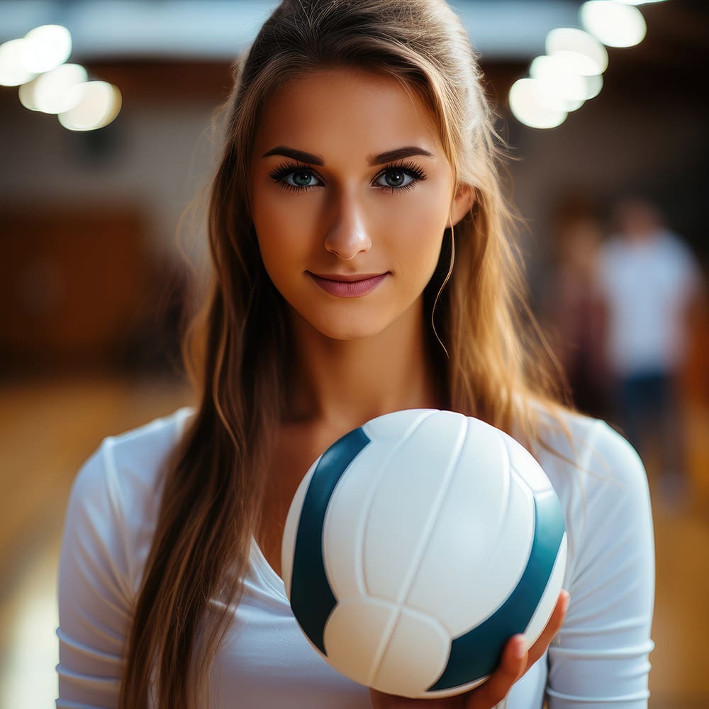A woman with long hair is holding a volleyball and standing in a gym. She is wearing a white top and has a confident expression. The gym background is blurred, including indistinct lighting and other people.