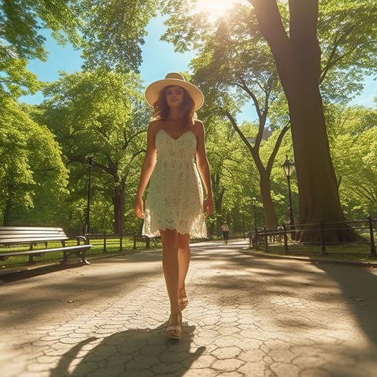 Woman in a white lace dress and sun hat walking confidently down a tree-lined park pathway on a sunny day. The dappled sunlight filters through the leaves, casting shadows on the ground. Benches and lampposts line the path, adding to the serene atmosphere.