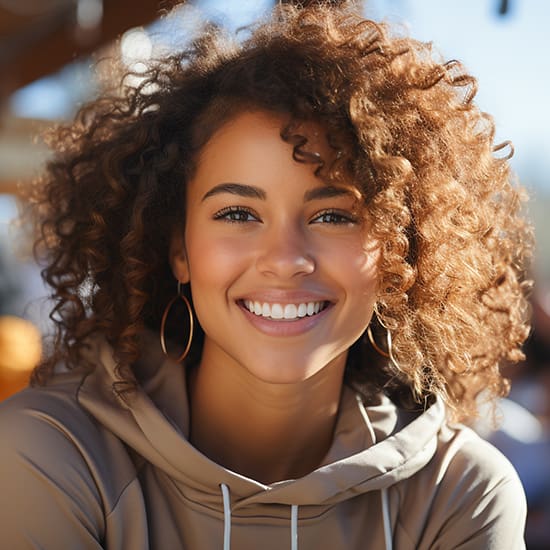 A young woman with curly hair smiles warmly at the camera. She is wearing a beige hoodie and large hoop earrings. The background is softly blurred, suggesting an outdoor setting on a sunny day.
