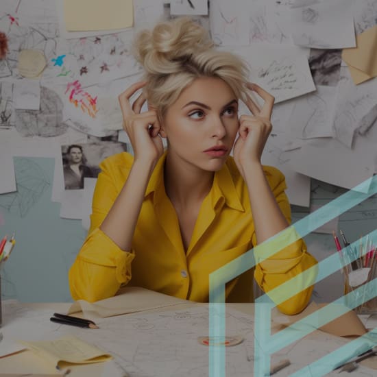 A woman with blonde hair, wearing a bright yellow shirt, sits at a cluttered desk with various papers, sketches, and sticky notes on the wall behind her. She appears thoughtful, with her fingers resting on her temples.