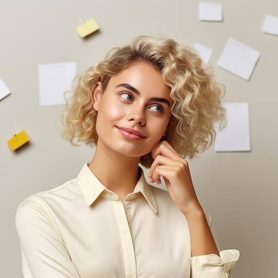 A blonde woman with short, curly hair and a light beige shirt is thoughtfully looking to the side. Behind her, a beige wall displays several white papers and yellow sticky notes, creating a casual, creative atmosphere.