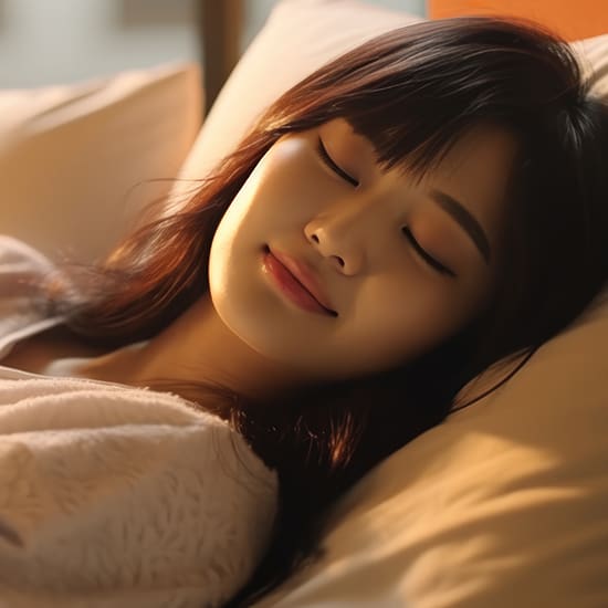 A woman with long dark hair lies peacefully on a pillow, eyes closed and smiling softly. Sunlight filters gently through the window, casting a warm glow on her face. She is covered with light bedding, creating a serene and restful atmosphere.