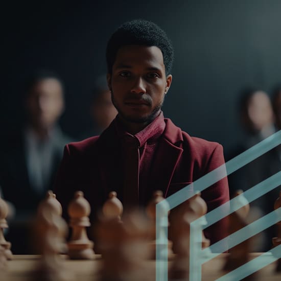 A person in a maroon jacket stands behind a chessboard, focusing intently on the game. The background is dark and out of focus, with several indistinct figures. Diagonal, translucent blue lines partially overlay the right side of the image.