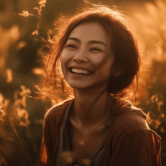 A young person with long hair smiles brightly while standing in a sunlit field with tall grasses. The warm, golden glow of the setting sun illuminates their face and hair, creating a serene and joyful atmosphere.