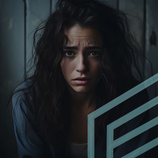 A woman with long, curly dark hair and a worried expression sits against a dimly lit wooden backdrop. She wears casual clothing, and a translucent geometric shape is partially overlaid on the image. The atmosphere appears tense and somber.
