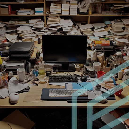 A cluttered desk with a computer monitor and keyboard, surrounded by numerous stacks of papers, books, and various office supplies such as coffee mugs, pens, and other items. The background shelves are also filled with more disorganized papers and folders.