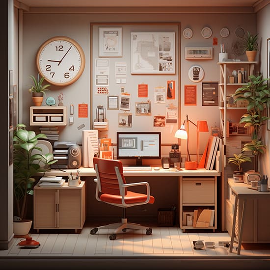 A cozy home office with a computer desk, an orange chair, and a lit desk lamp. The walls are filled with papers, photos, and diagrams. Potted plants and various office supplies adorn the space. A large clock and shelves with books and items decorate the room.