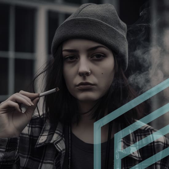 A person with a nose piercing and dark hair wears a gray beanie and a plaid shirt. They hold a cigarette and have a serious expression. Smoke drifts around them. In the foreground, there is a translucent geometric pattern.
