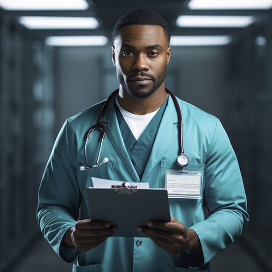 A doctor in teal scrubs stands in a well-lit hallway, holding a clipboard and looking directly at the camera. He has a stethoscope draped around his neck, and an ID badge is visible on his chest pocket.