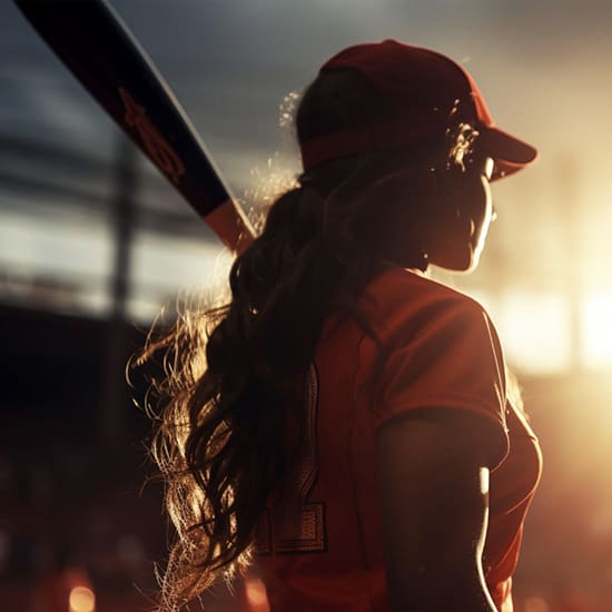 A female baseball player is silhouetted against a sunset, holding a bat over her shoulder. She wears a red cap and jersey, with long curly hair flowing down her back, creating a dramatic and motivational mood as she looks towards the horizon.