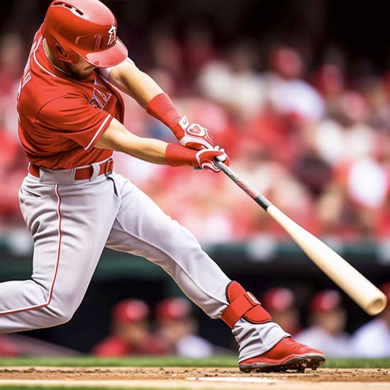 A baseball player in a red uniform is swinging a bat during a game. The player appears to be mid-swing, with the stadium crowd blurred in the background. The player's body is angled, showing focus and action.