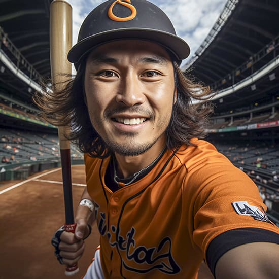 A baseball player in an orange and black uniform takes a selfie with a bat over his shoulder. He is standing on the field in a stadium with empty seats in the background, smiling widely at the camera. The sky is partly cloudy above the open stadium.