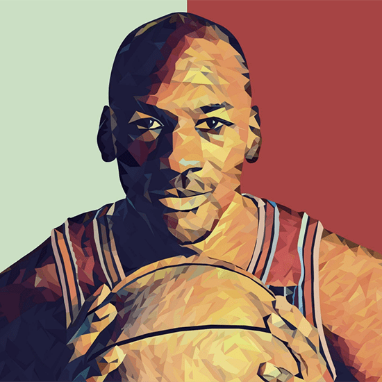 Artistic polygonal illustration of a basketball player holding a basketball close to their face. The background is divided into two contrasting colors: light green on the left and maroon on the right. The player is depicted wearing a sleeveless jersey.