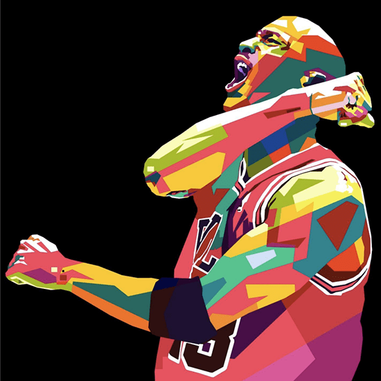 A colorful, abstract, and geometric illustration of a basketball player in a red jersey celebrating passionately with his mouth open and fist clenched. The artwork uses vibrant colors and sharp angles to create a dynamic and energetic composition.