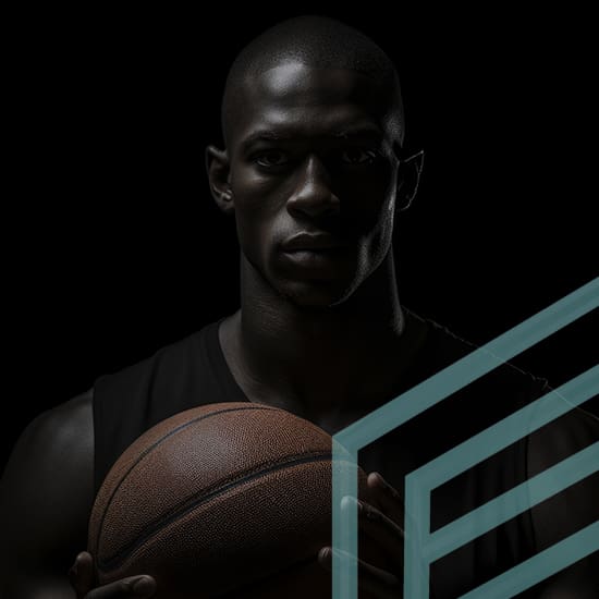 A dark-toned image shows a muscular individual holding a basketball close to their chest. The person wears a sleeveless shirt, and geometric shapes in light green are overlaid on the right side of the image against a black background.
