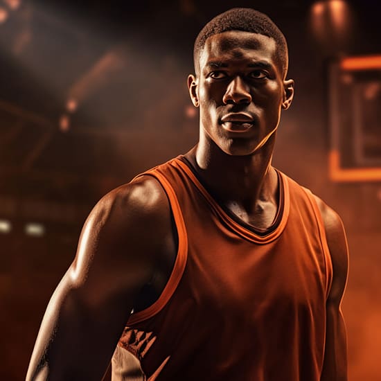 A muscular basketball player in an orange jersey stands confidently on a dimly lit basketball court. A hoop is visible in the background, partially obscured by shadows and warm lighting.