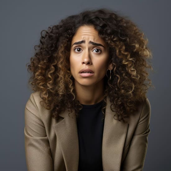 A woman with curly hair, wearing a brown blazer and black top, looks at the camera with a concerned or worried expression. The background is a plain gray.