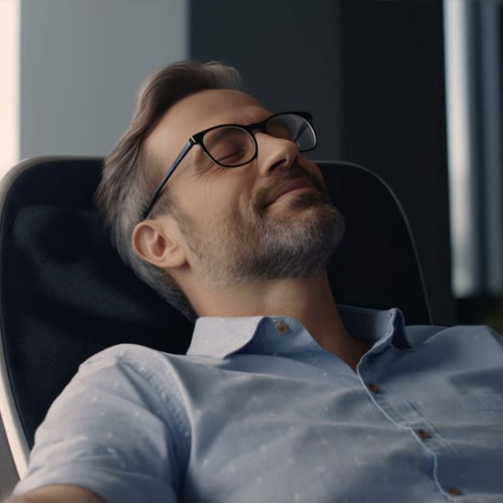A middle-aged man with gray hair and beard, wearing glasses and a light blue button-up shirt, is reclining in a chair with a content, relaxed expression. The background is blurred, suggesting an indoor setting with modern decor.