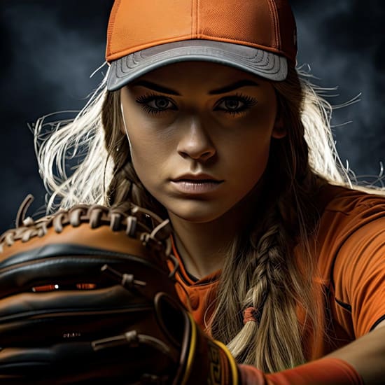 A determined woman wearing an orange baseball uniform and cap, with long blonde hair in braids, holds a glove in front of her face, ready for action. The background is dark and dramatic, highlighting her intense focus.