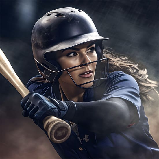A woman wearing a navy blue sports uniform and black helmet intensely focuses on the pitch, holding a baseball bat ready to swing. The background is blurred, emphasizing the athlete's concentration and determination.